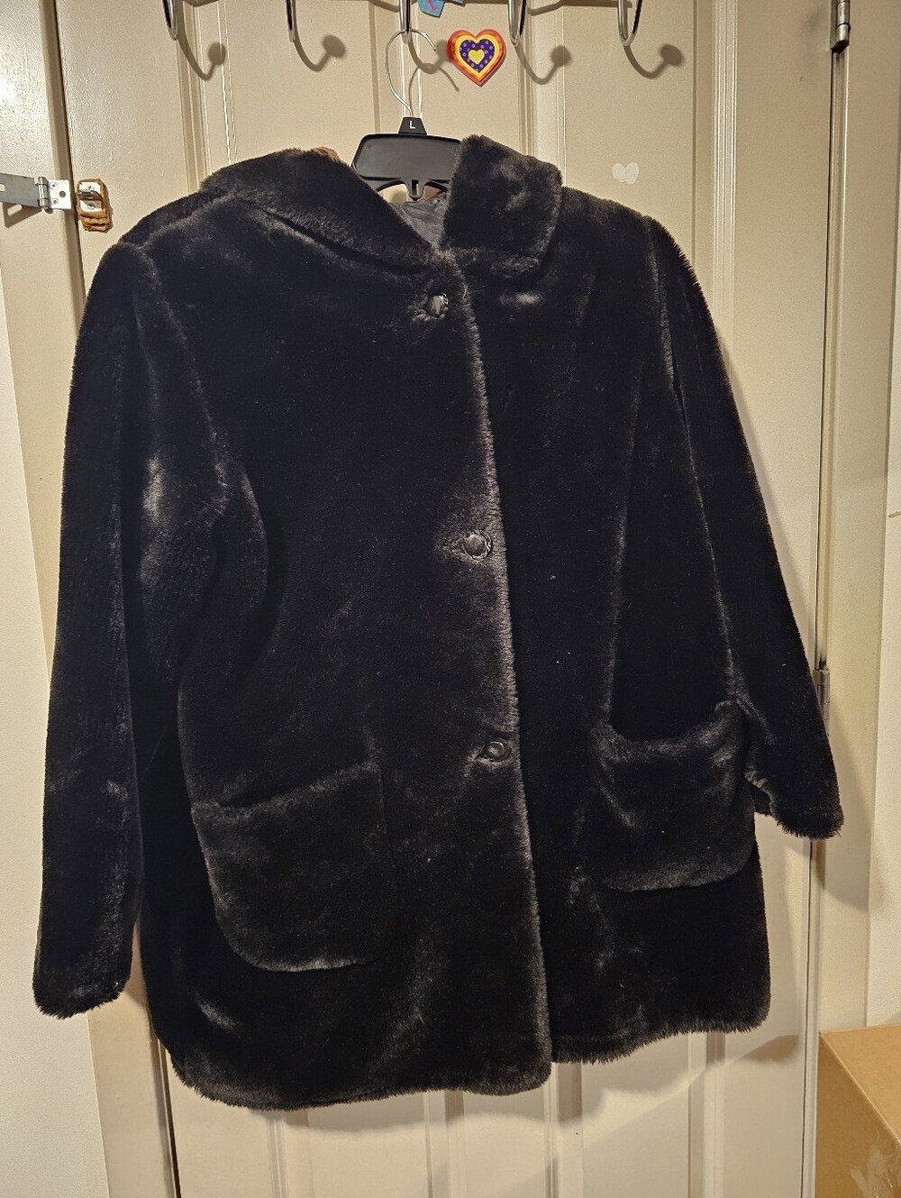 Charles Klein black faux fur hooded coat L
